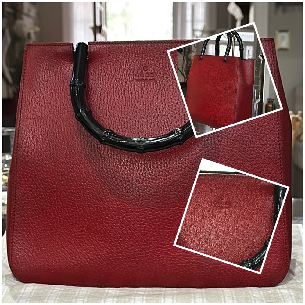 Authentic Gucci Vintage Bamboo Top Handle in Red Pebbled Leather w/Suede Lining